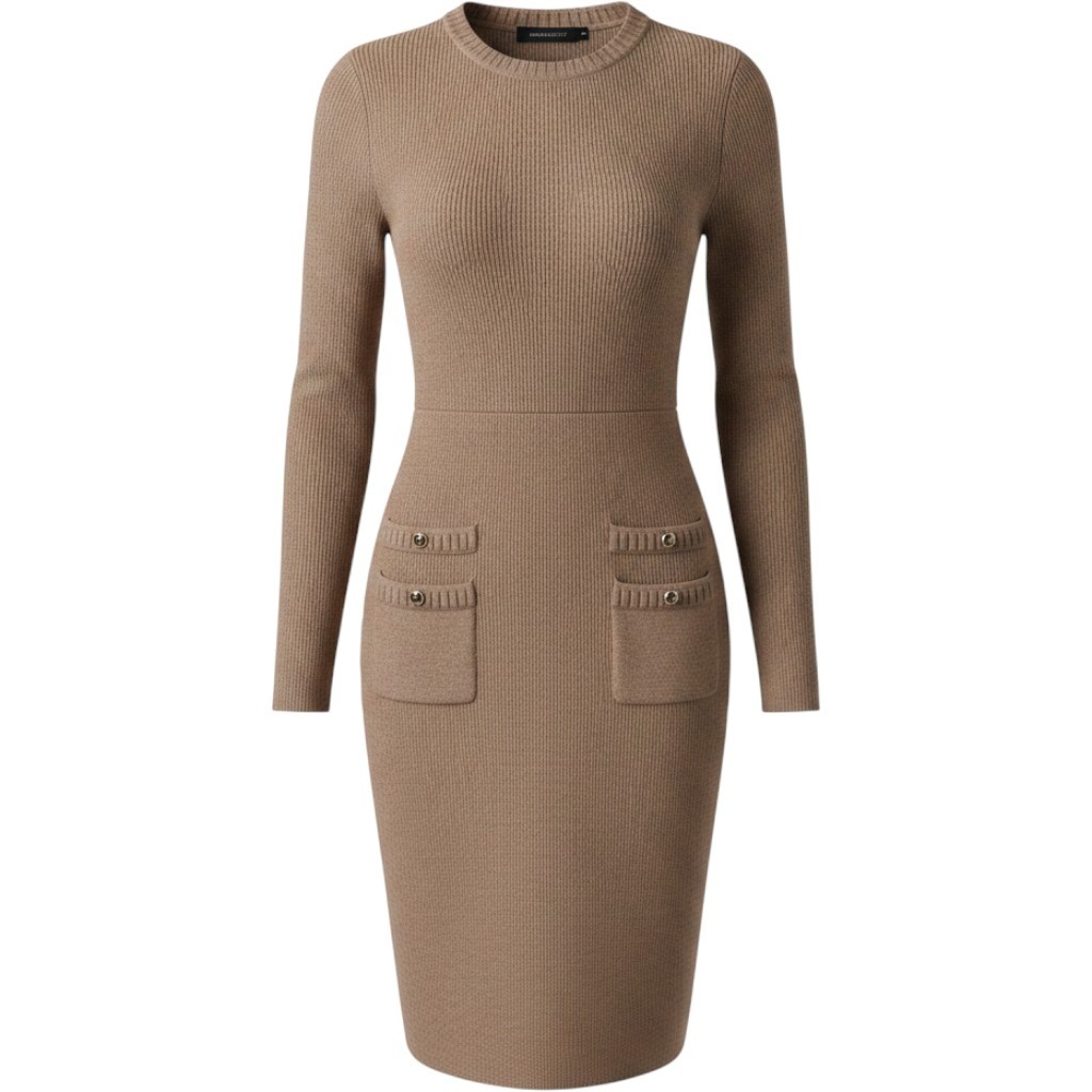 Classic Parisian MEROKEETY Ribbed Knit Sweater Dress Old Money Luxury Beige SM