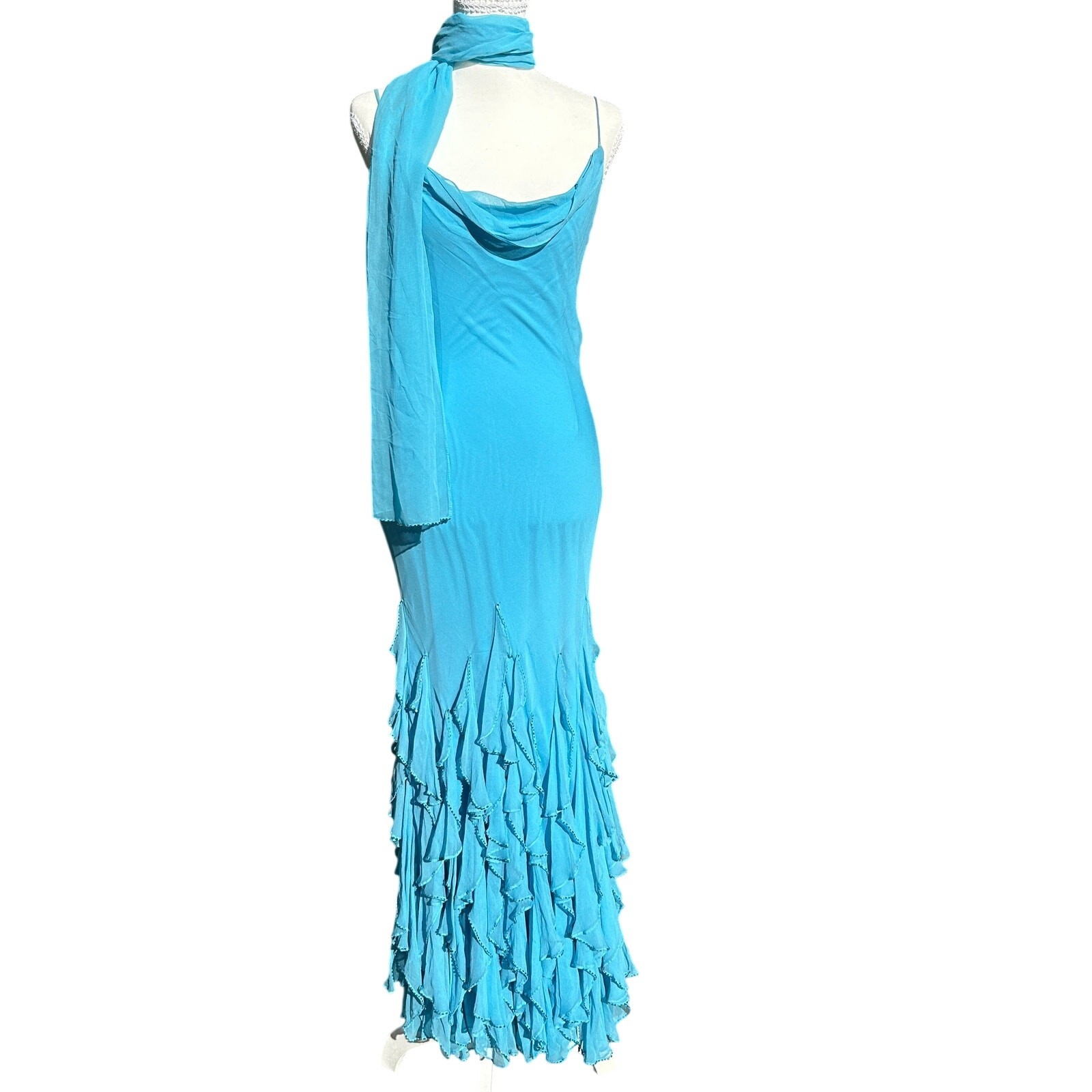 VTG Y2K Turquoise Blue Silk Beaded Asymmetrical Hem Dress w/ Matching Scarf S