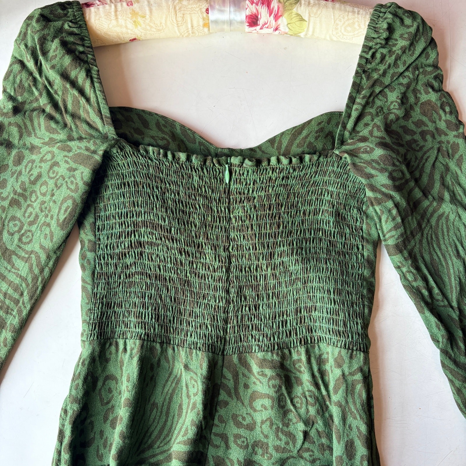 Reformation Mochi Jungle Animal Print Green Dress Size 0 Smocked Peasant Bustier