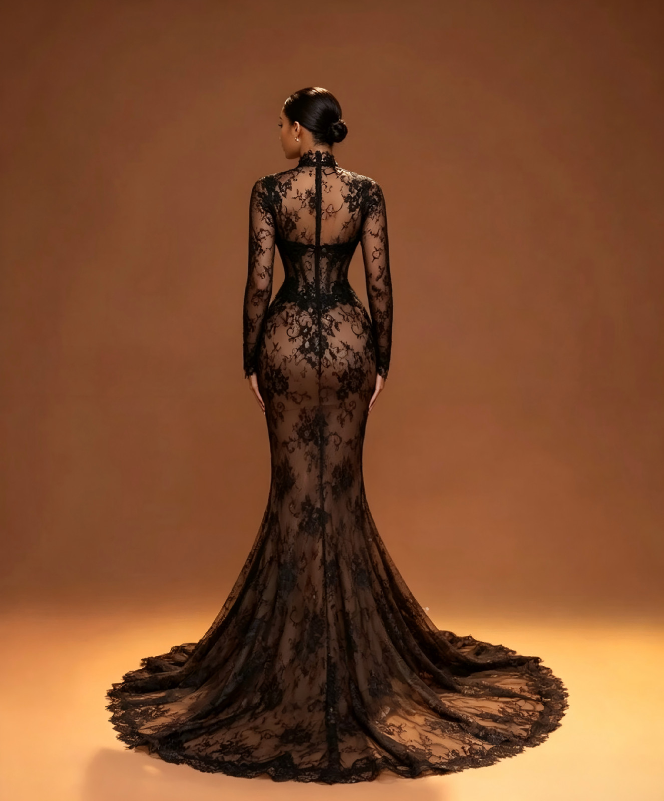 High Neck Long Sleeve Black Lace Corset Mermaid Evening Dress Long Train Custom