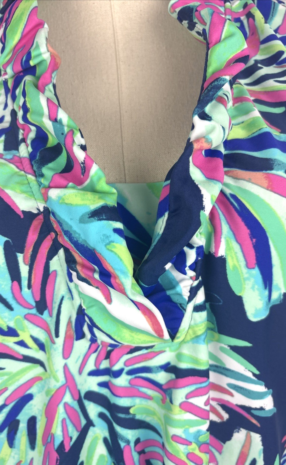 Aryeh Dress Ruffle Neck Size XL Knee Length Sleeveless Dress Multicolor V Neck