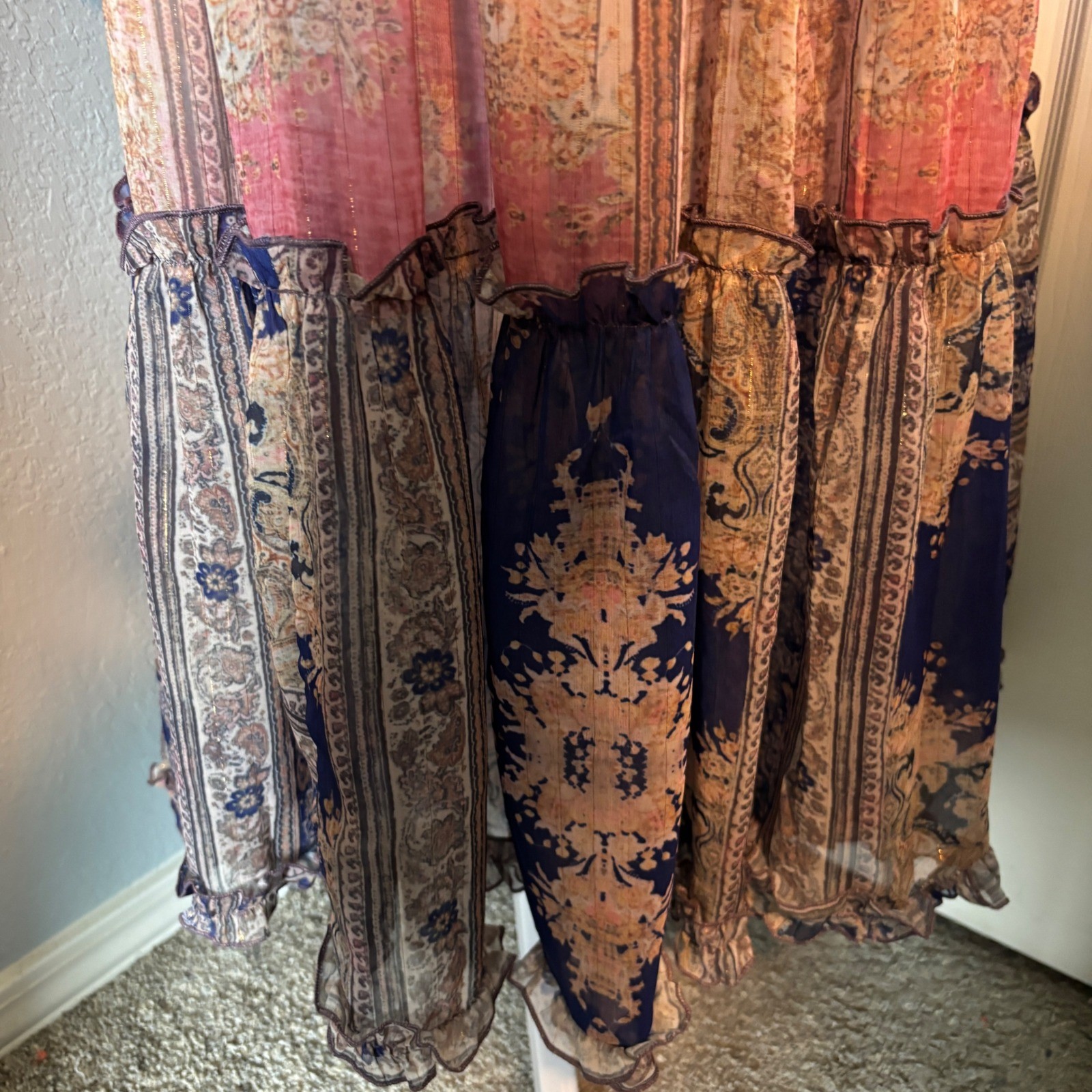 Jaded Gypsy Boho Paisley Patchwork Sheer Lurex Tiered Bell Sleeve Maxi Dress OS