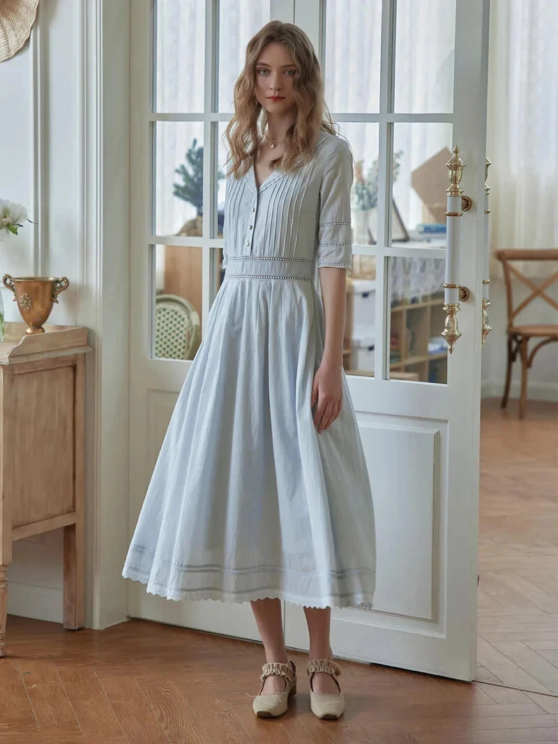 Kathy Cotton Grey Blue Casual Midi Dress Sz Small