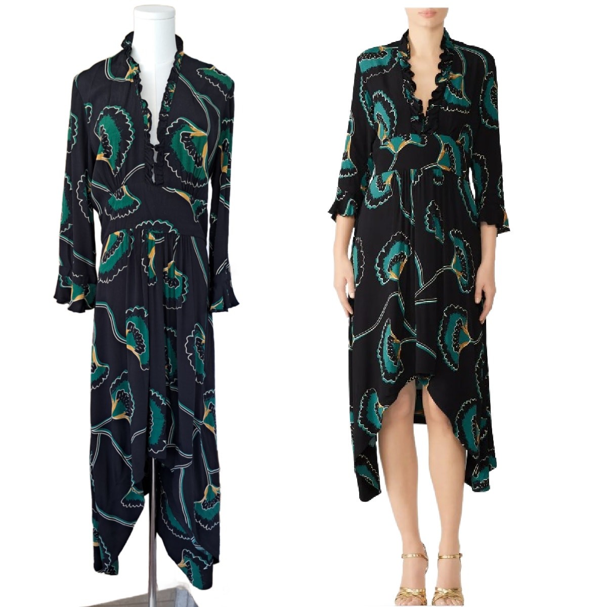 BA&SH Lalie Asymmetric Hem Midi Dress Large 10 Black Ginko Floral Print