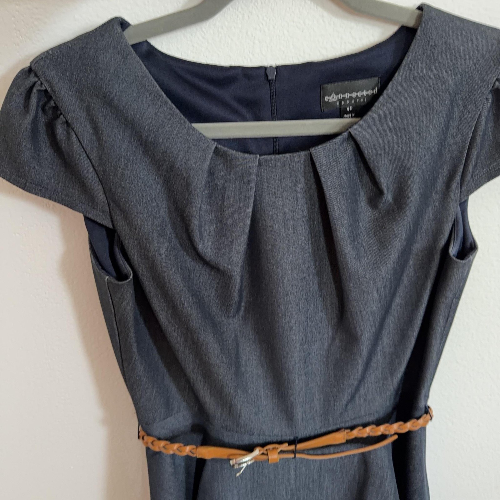 Connected Apparel Dress Womens 4P Gray Belted Sheath Cap Sleeve Knee Length