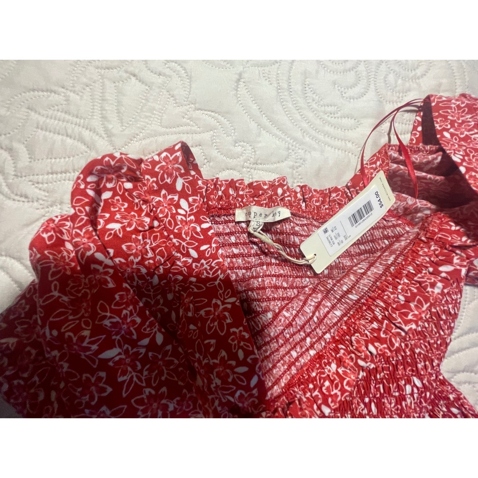 Copper Key Red Floral Smocked Puff Sleeve Mini Dress Square Neck NWT Size S