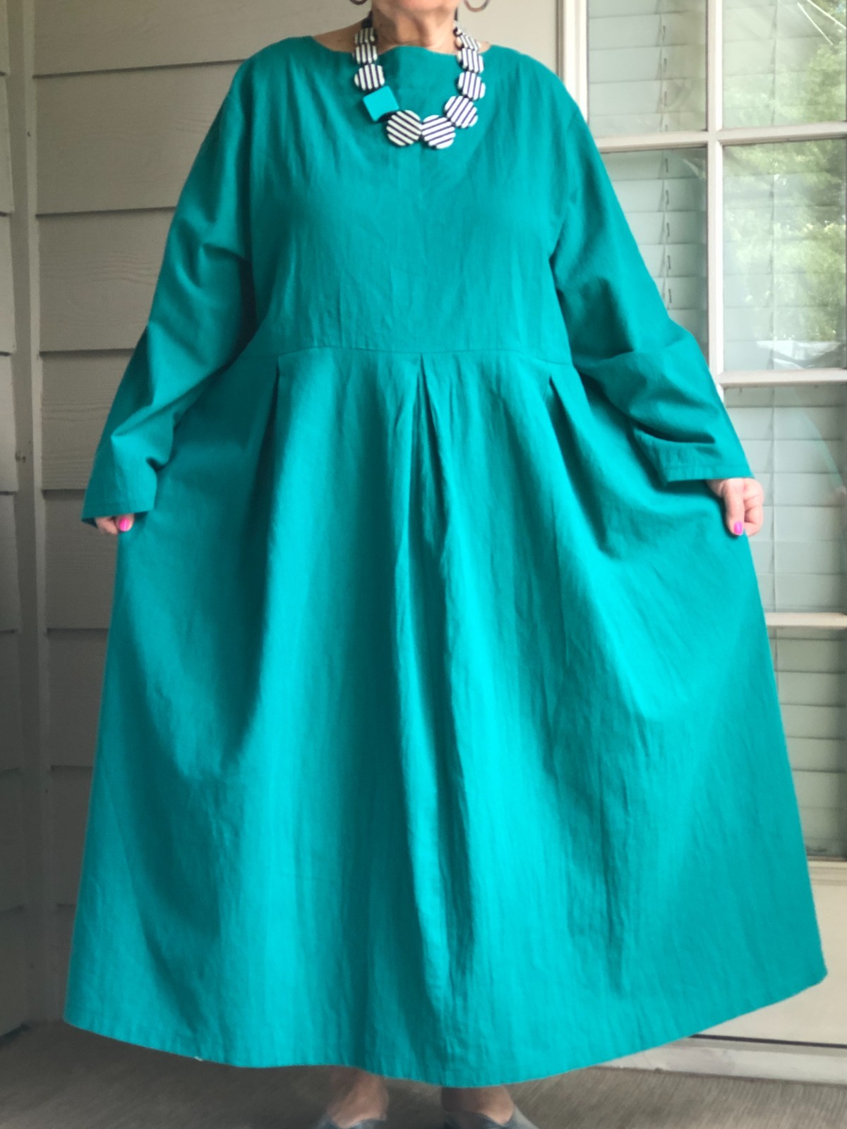 LAGENLOOK ARTSY BOHO OVERSIZED DRESS LINEN TURQUOISE DRESS WITH NECKLACE PLUS