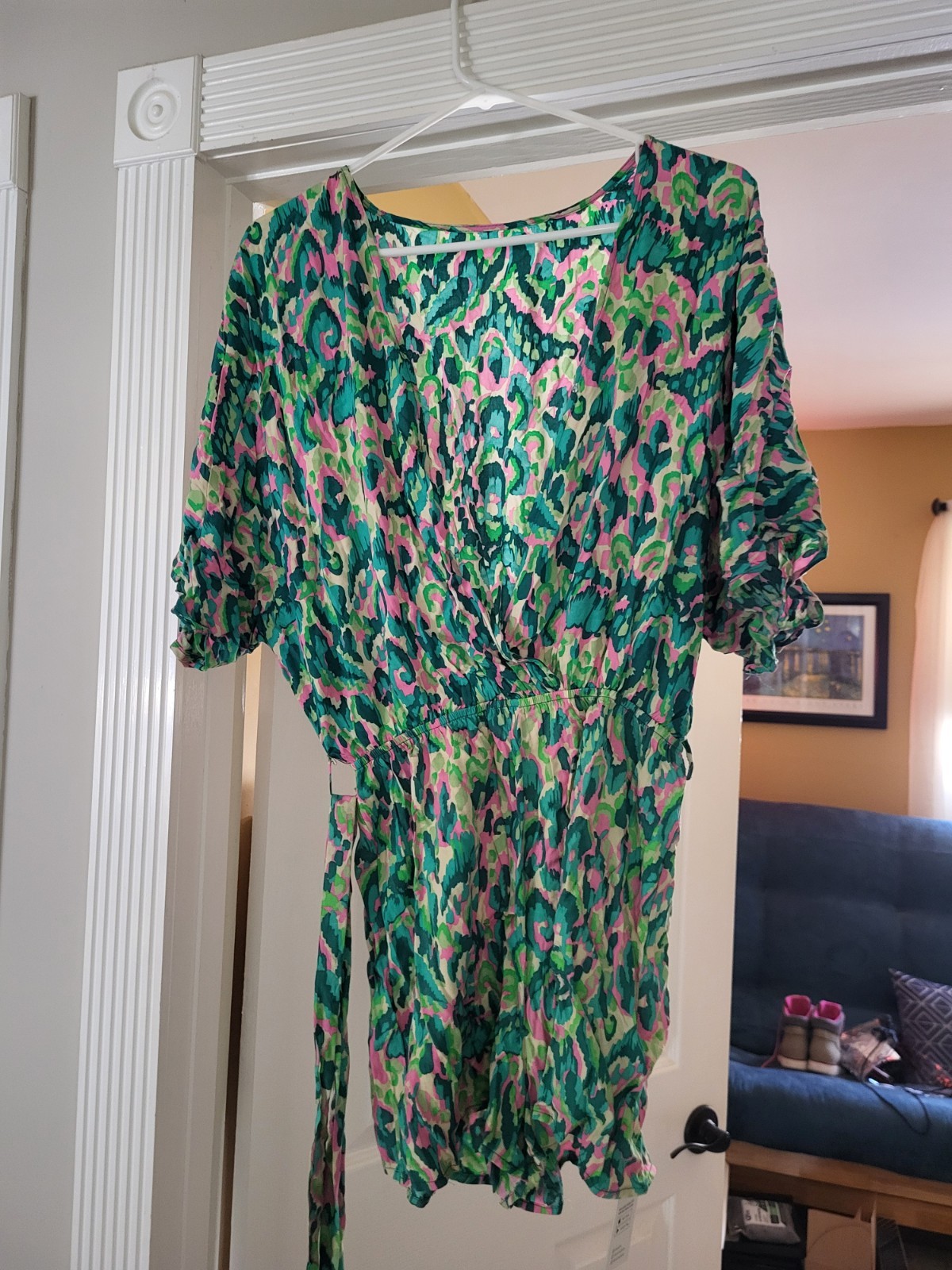 CUPSHE XS Green Pink Print Cover Up Romper – Pool, beach, Runs Like S/M , light
