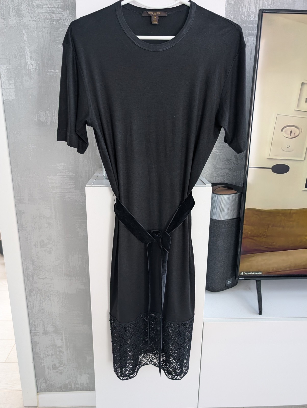 Louis Vuitton Monogram Lace Stretch Belted Shirt Dress Tunic Black Viscose S 36