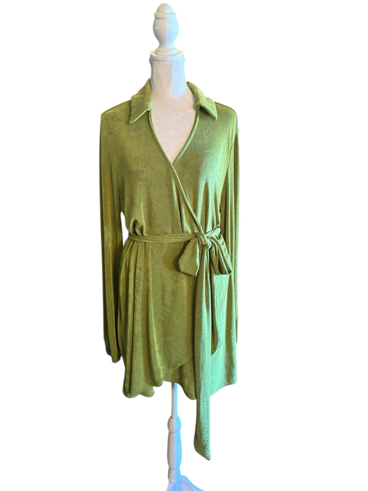 Princess Polly Green Party Time Faux Wrap Long Sleeve Mini Dress 10 Belt Stretch