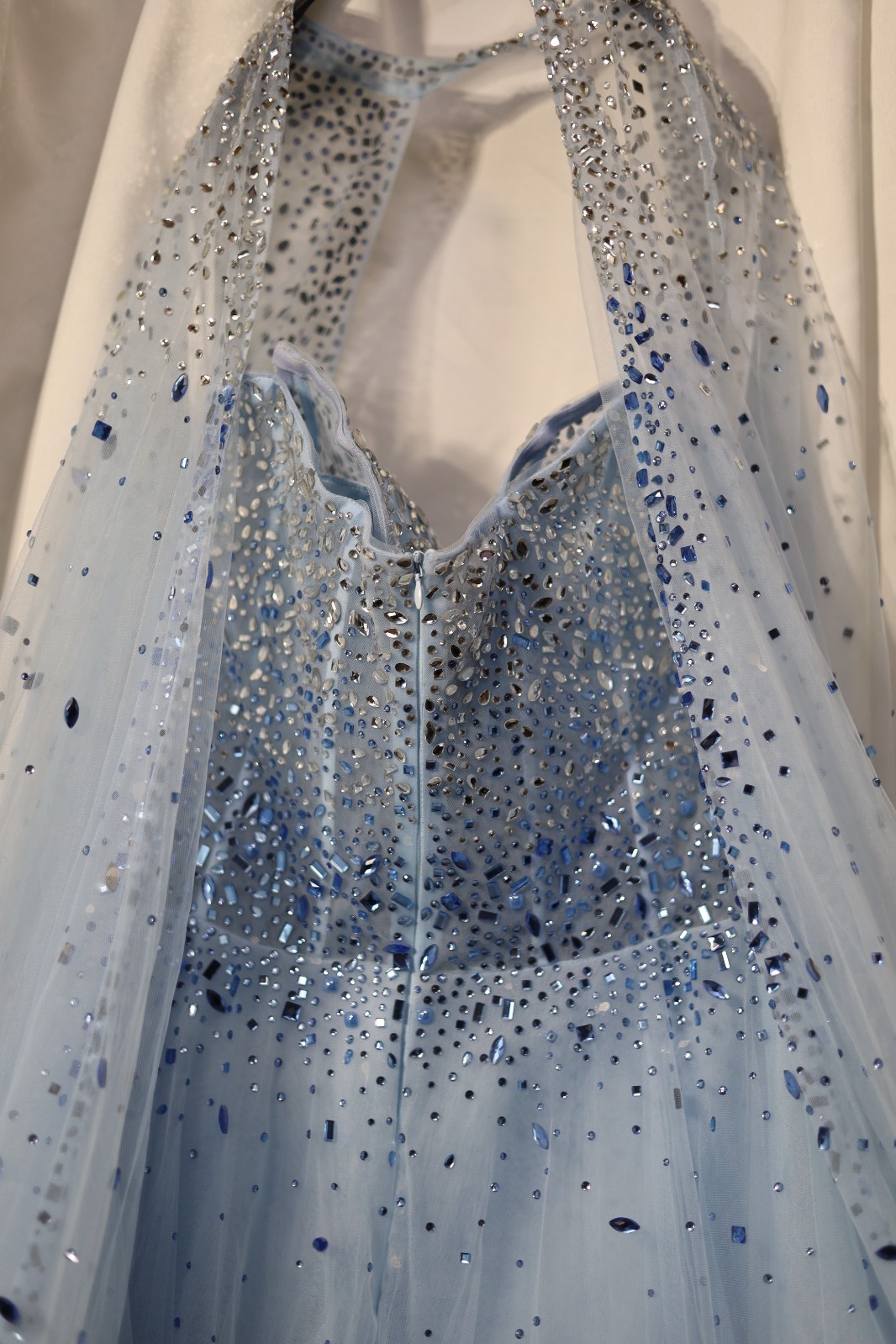 Elegant Evening Dress Light Blue Tulle Crystal Embellished Rhinestones