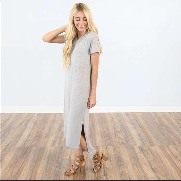 Stevie Hender Maxi Dress High Low Slit Gray Taupe M Shop Stevie Pocket NWOT!