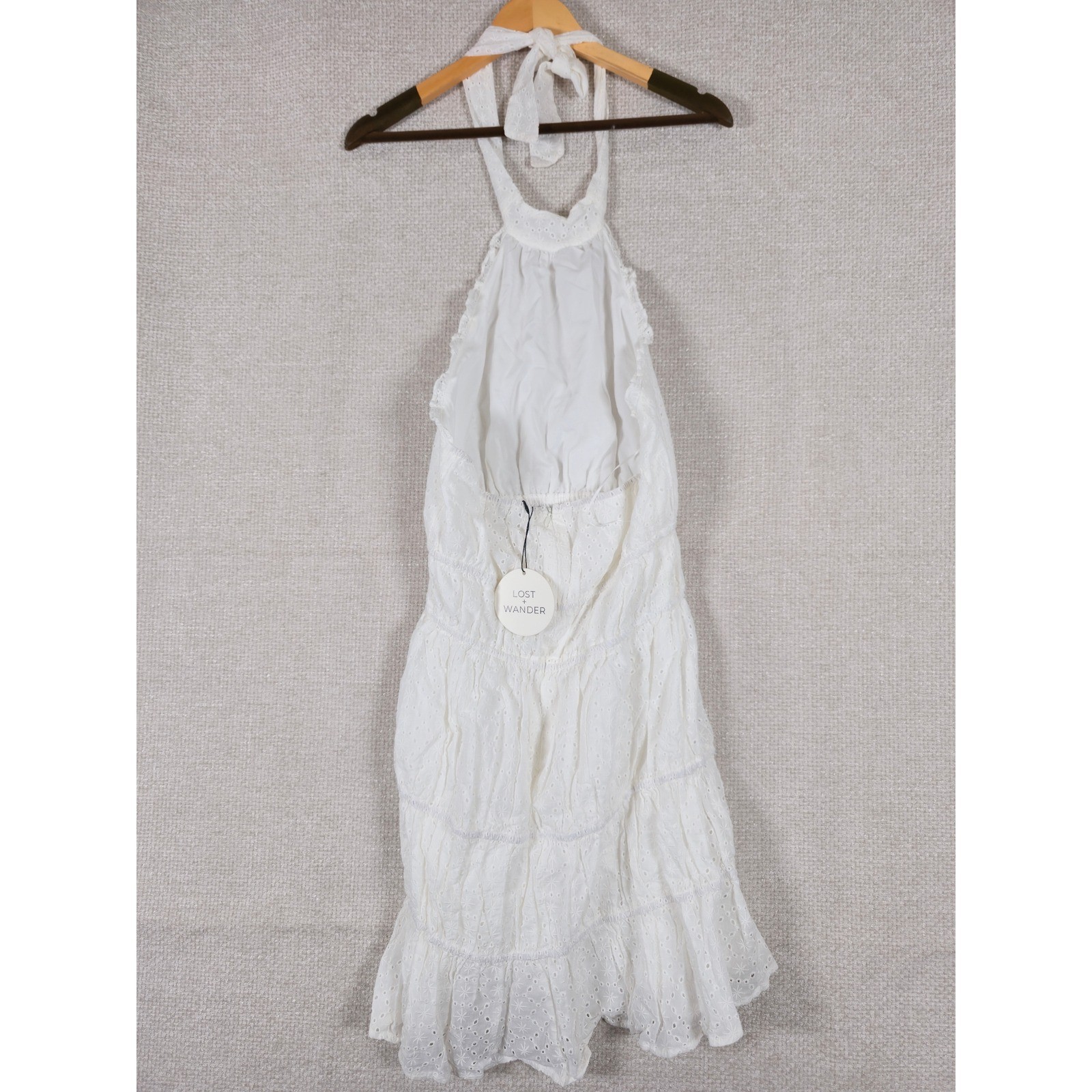 Lost + Wander White Eyelet Halter Mini Dress Smocked Tiered Women’s Size L