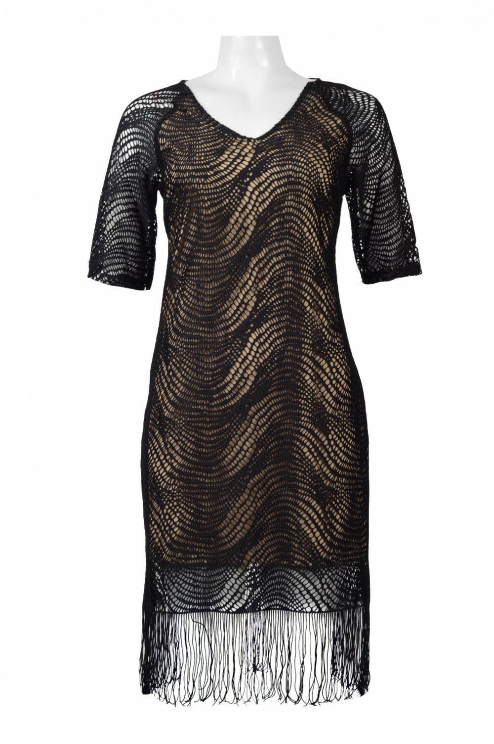 Trendmakers Crochet Fringe Hem Party Dress Size XL Black on Nude NWT $89