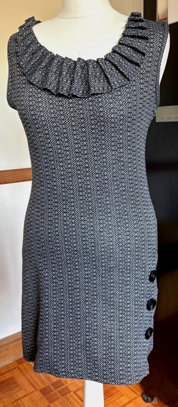 VGC Ladies APRICOT Jet BLACK & STEEL Grey VICTORIAN Ruffle Frill Fitted Dress 10