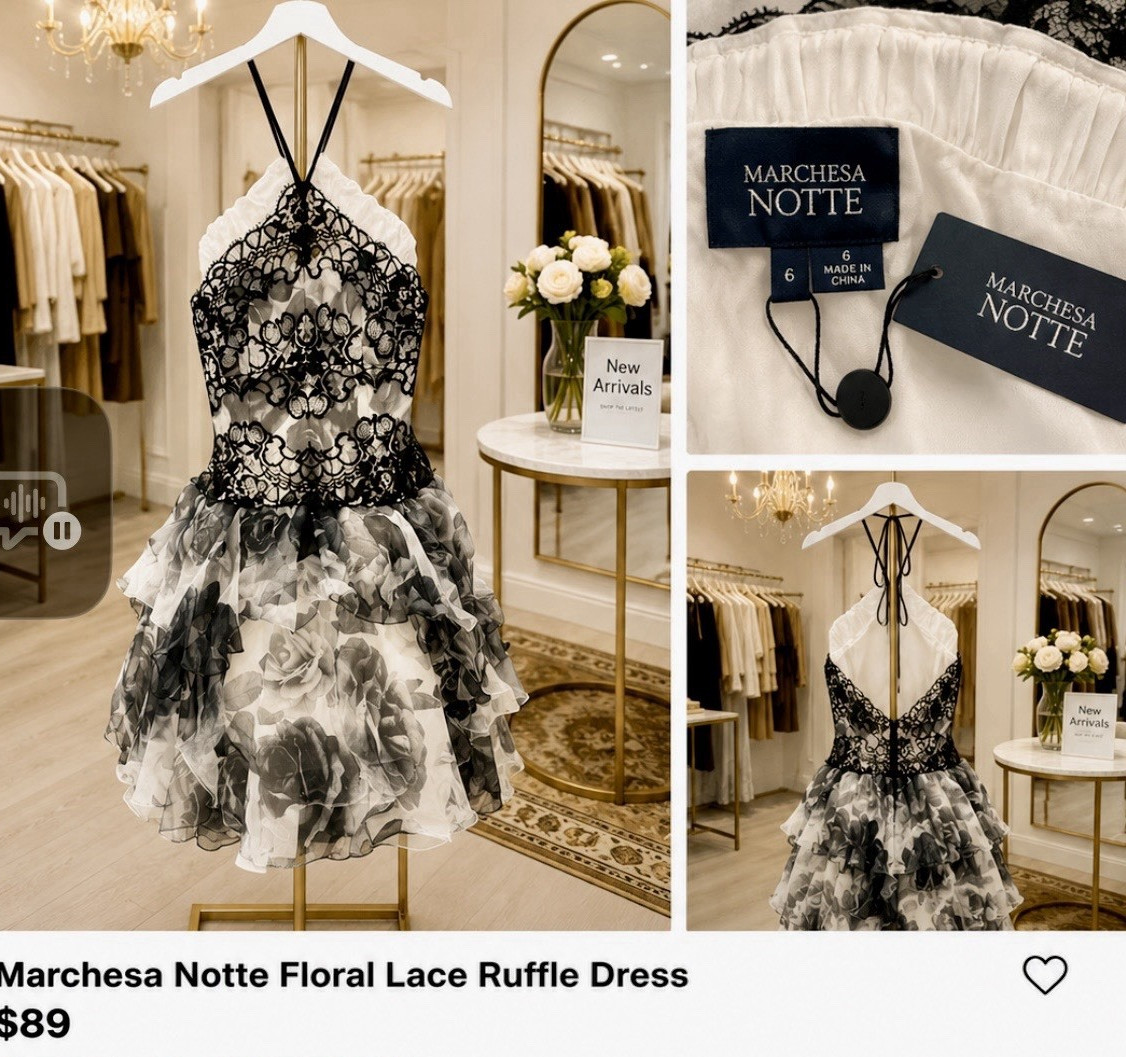Marchesa Notte Black Gray White Floral Lace Ruffle Halter Mini Dress 6
