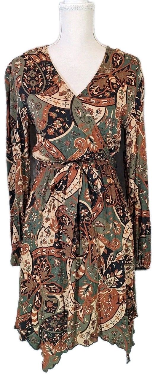 NWOT APRICOT US4 Earthtone Paisley Wrap Hanky Hem Dress Elastic/Sash Tie Waist