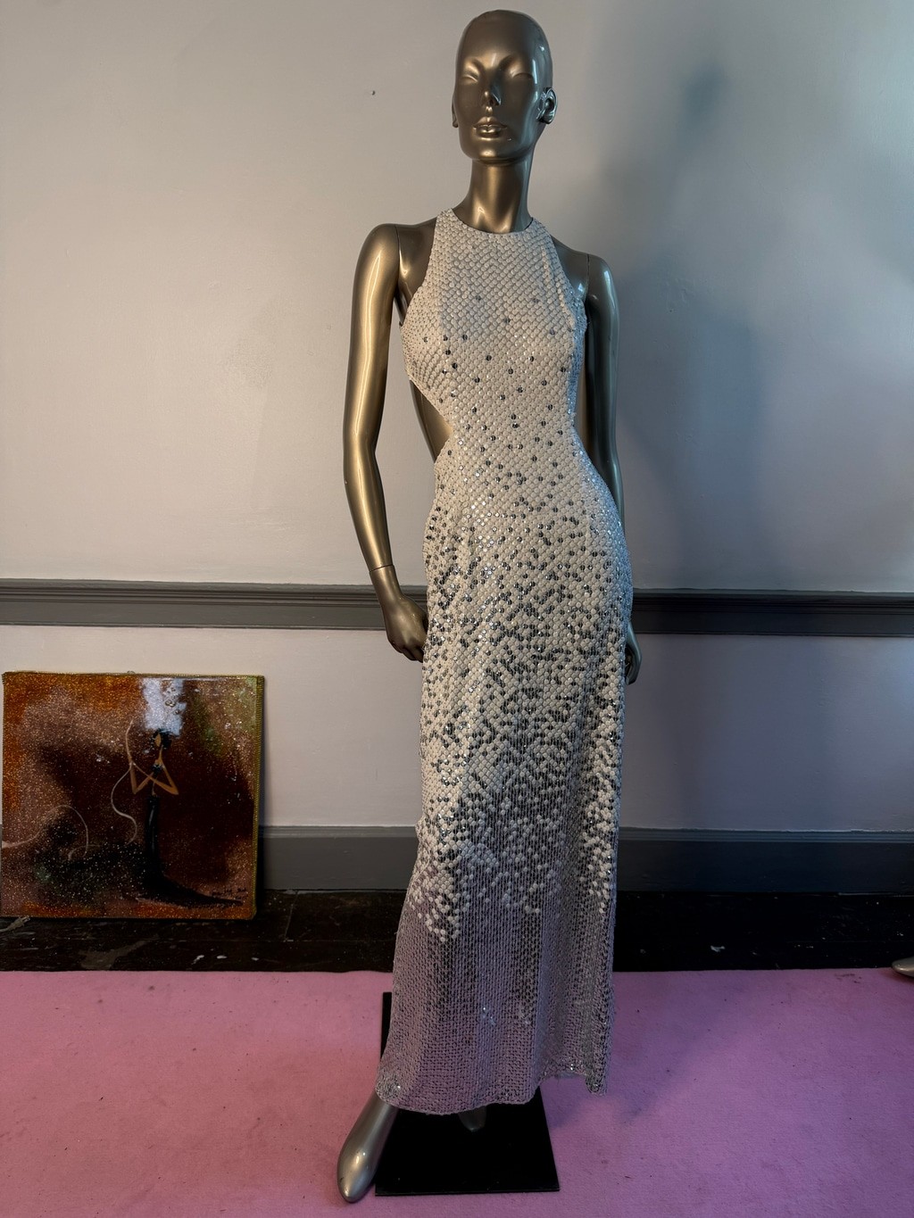 Cache White Sequin Open Back Formal Gown Dress Size 6 Altered Prom Gala Evening