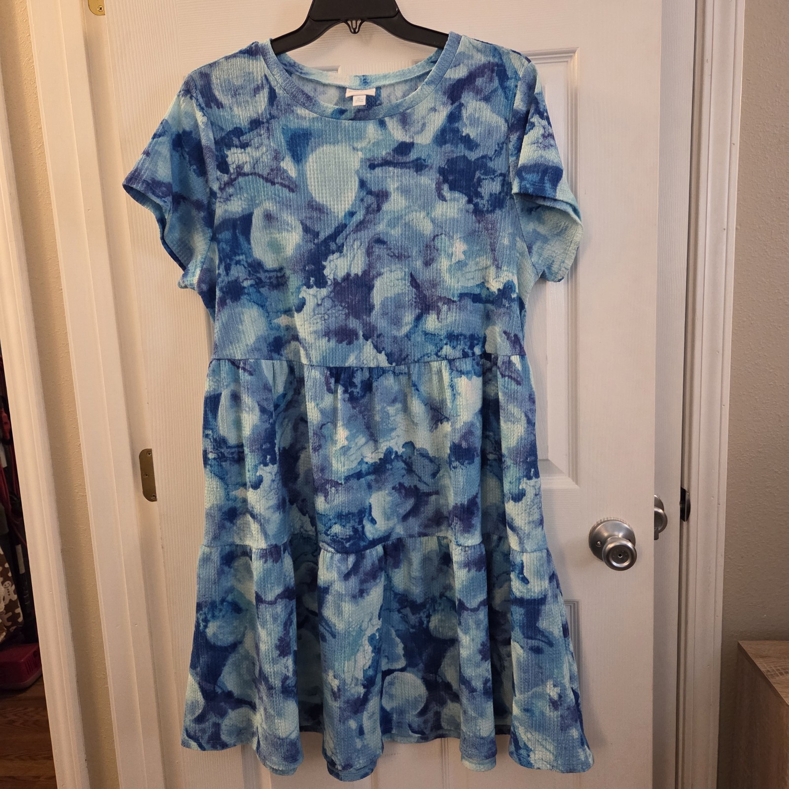 Lularoe sz XL blue print tiered shift dress casual summer everyday pockets