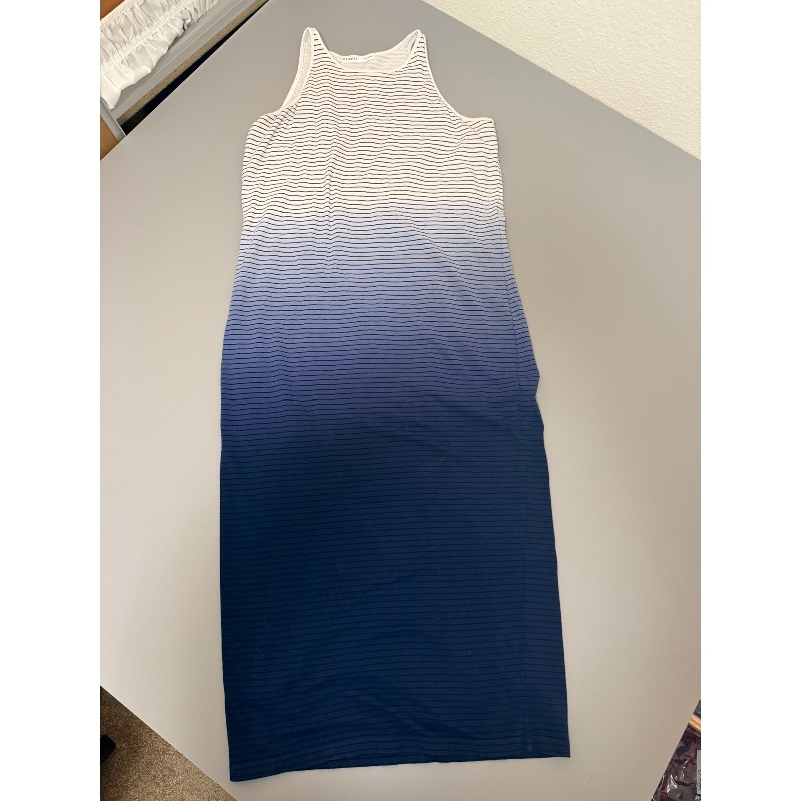 Athleta Womens Blue Ombre Striped Pima Cotton Modal Tank Midi Dress Large L