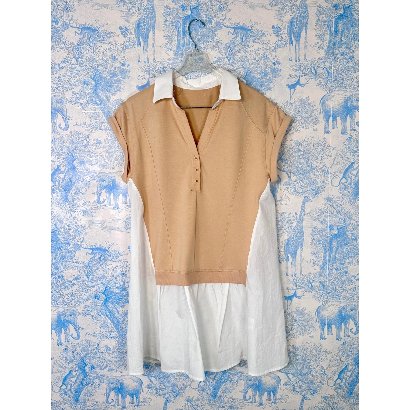 Patchwork Sweatshirt Dress Short Sleeve Tan White Polo Tennis Summer Camp Mini