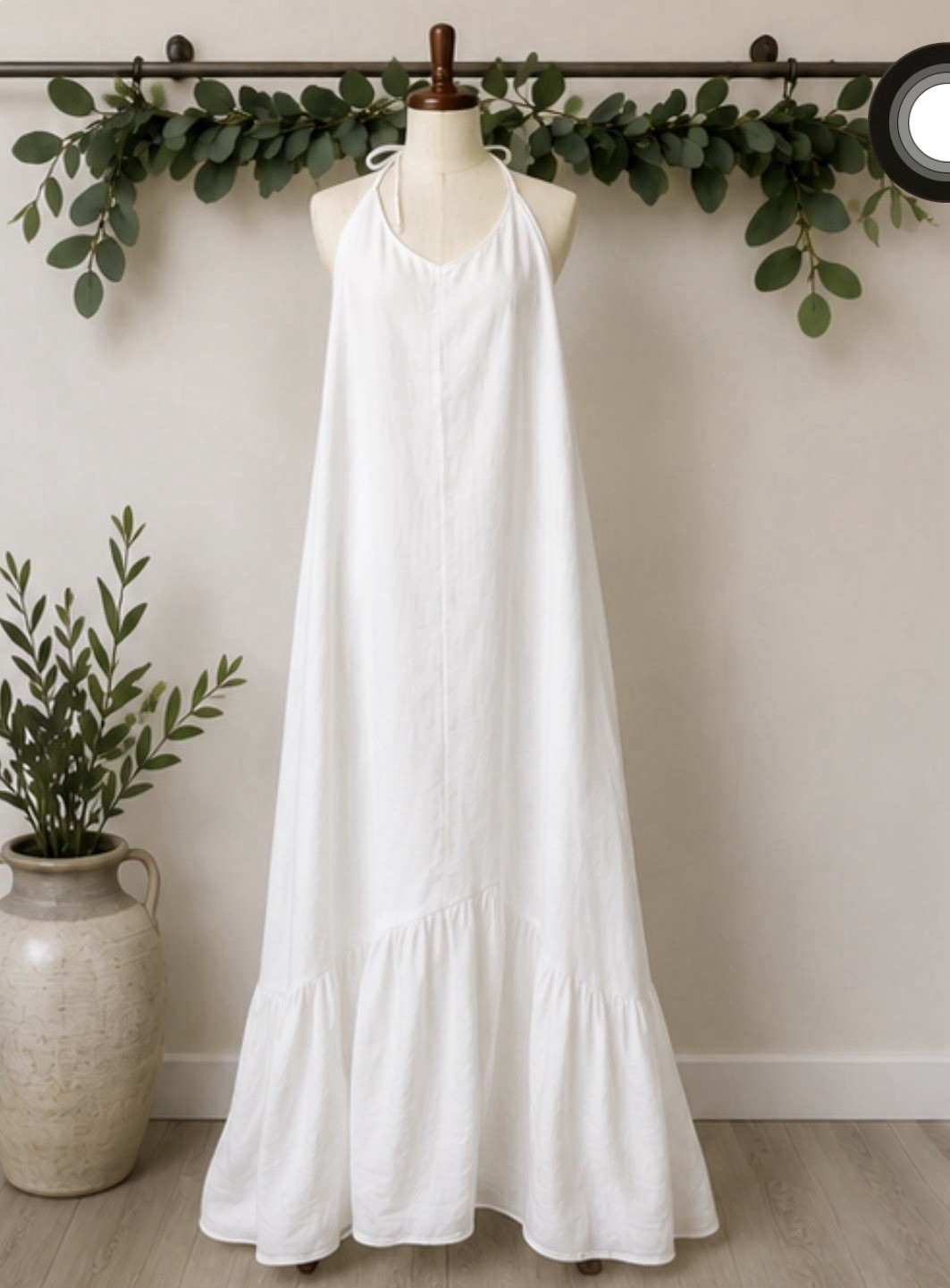 Made in Italy 100% Linen White Halter Maxi Dress Open Back Ruffle Hem L
