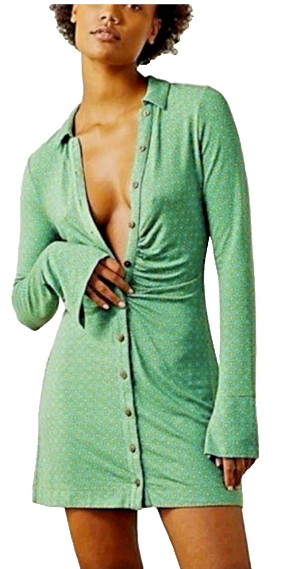 Free People Shayla Green Blue Long Sleeve Button Down Mini Shirt Dress Size S