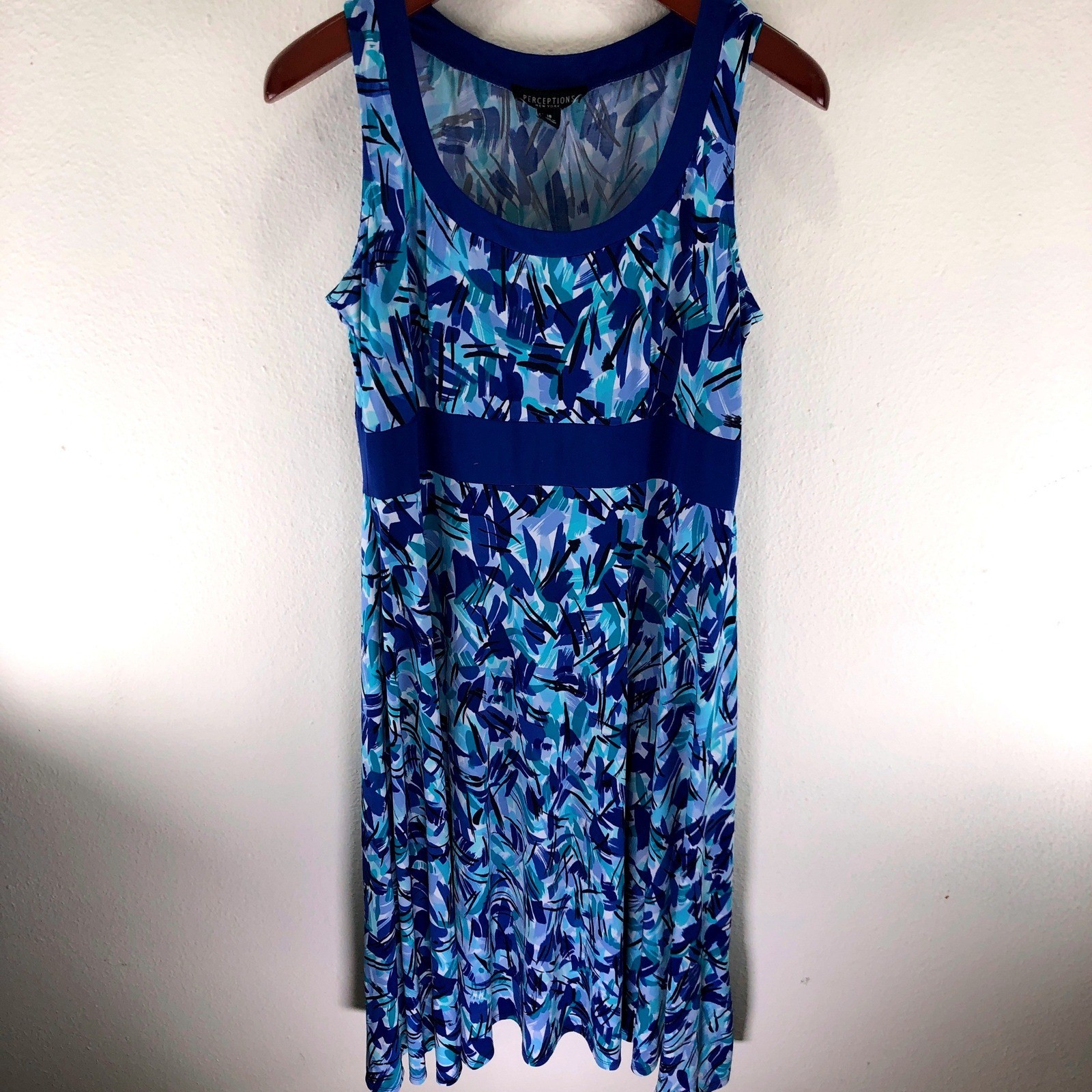 Perceptions New York Blue Abstract Brushstroke Sleeveless Midi Dress Womens 16