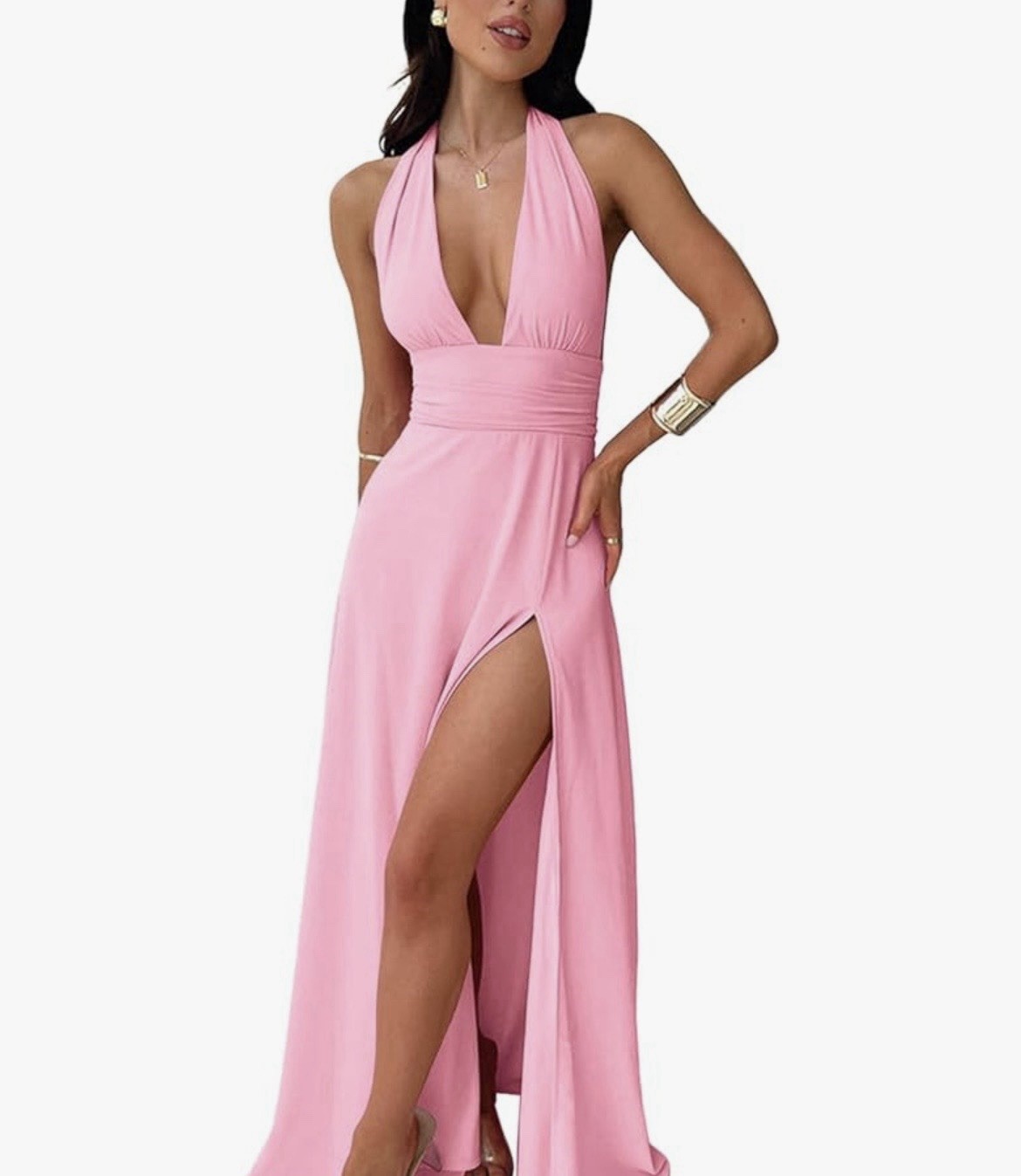 Ekaliy Deep V Halter Maxi Dress Women’s US Size S Pink Backless Split Sexy