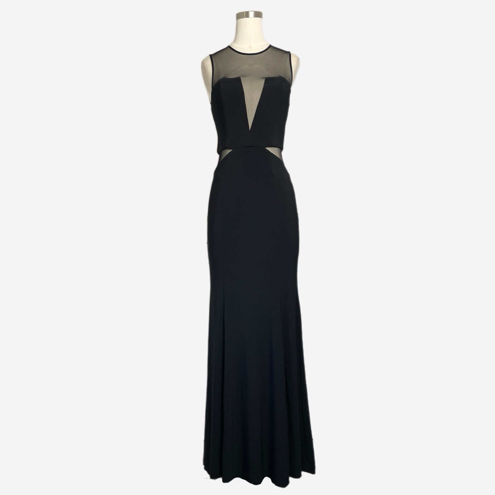 Caché Black sleeveless illusion paneled cut out sheer mermaid maxi gown formal 2