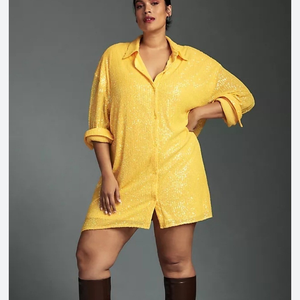 Anthropologie NEW Flat White Yellow Sequin Tunic Shirt Dress SZ XL Eras Tour