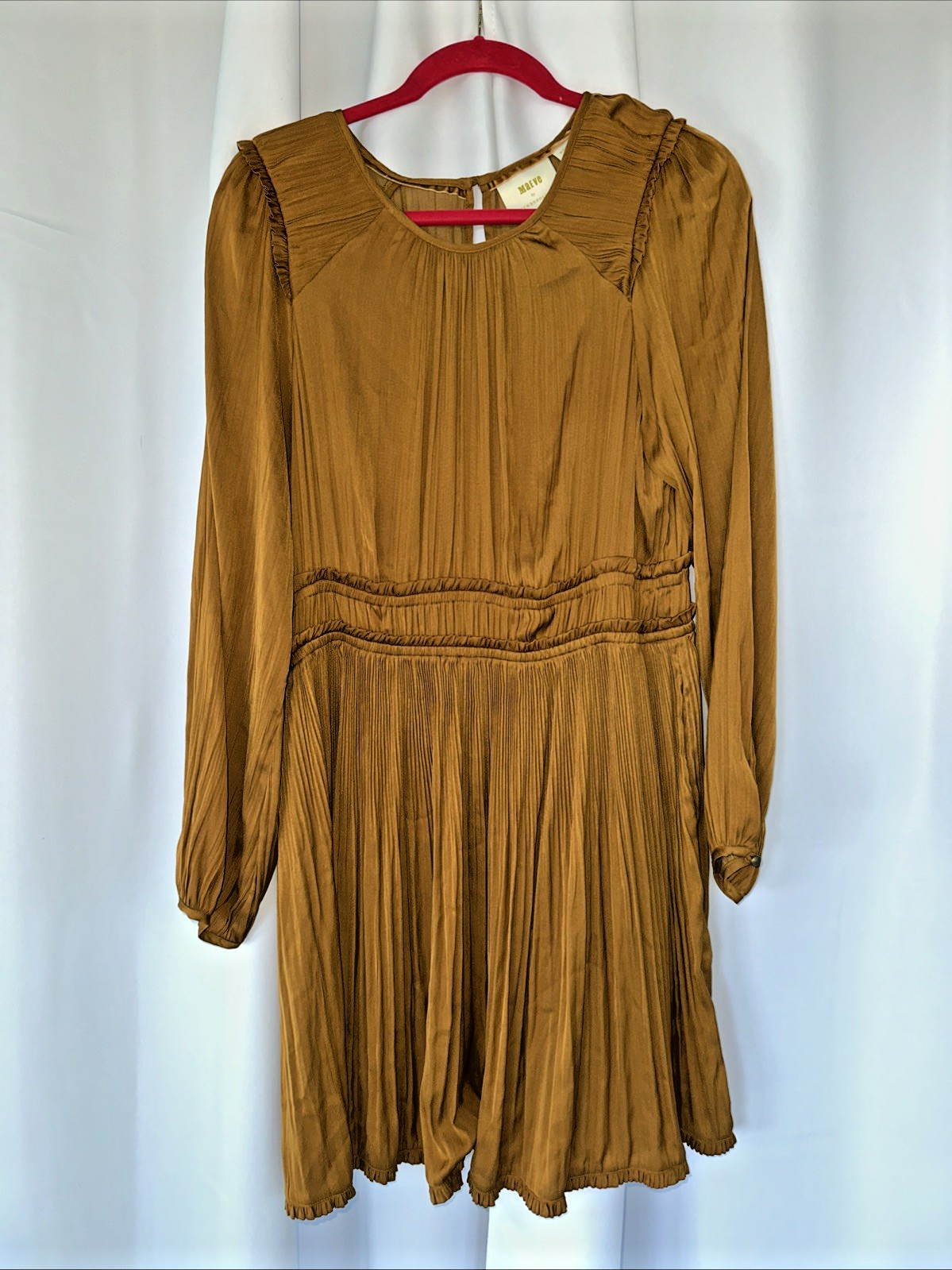 Amber Gold Holiday Pleated Dress M Maeve Anthropologie Blouson Sleeves Pockets
