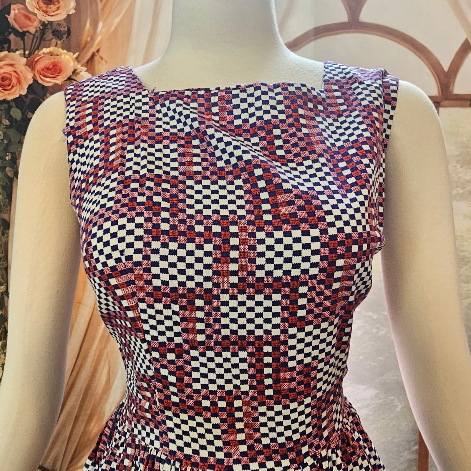 Vintage 1960’s Geometric Checkered Fit & Flare Dress Red White Navy Square Neck