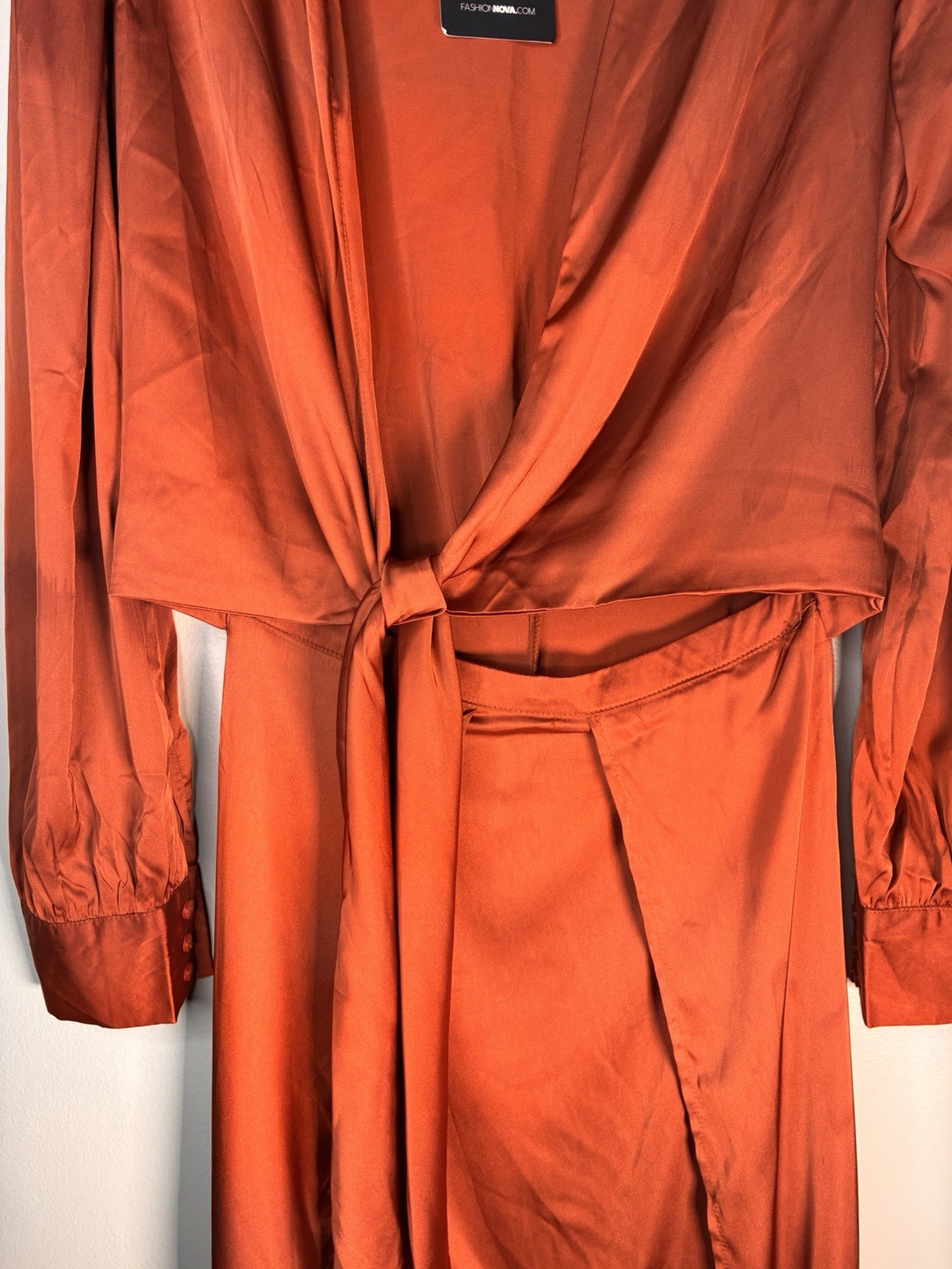 Fashion Nova Orange Satin V-Neck Wrap Maxi Dress Tie Waist Long Sleeve M NWT