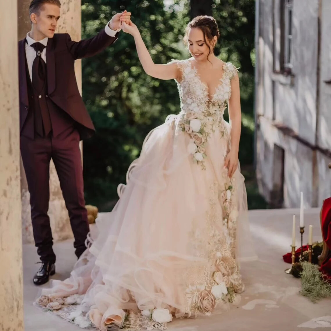 Floral Lace Wedding Gowns Pretty Blush Pink Tulle Bridal Dresses 3D Flower Party