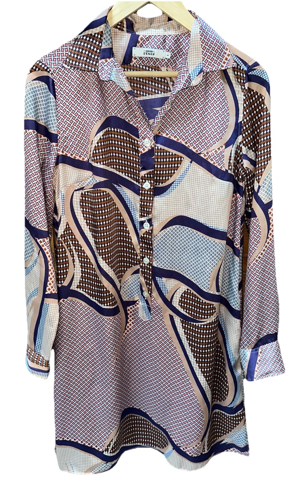 0039 Italy Shirt Dress A-Line Long Sleeve Collared Retro Tunic Boho Sz S