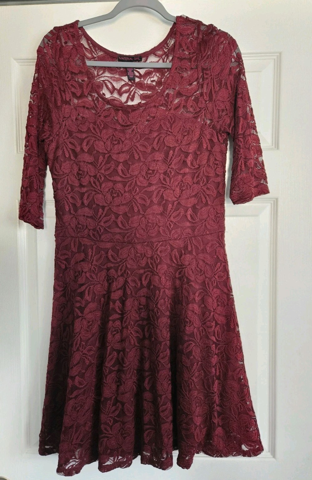 Material Girl Lace Fit & Flare Dress XL Burgundy 3/4 Sleeve Cocktail Party