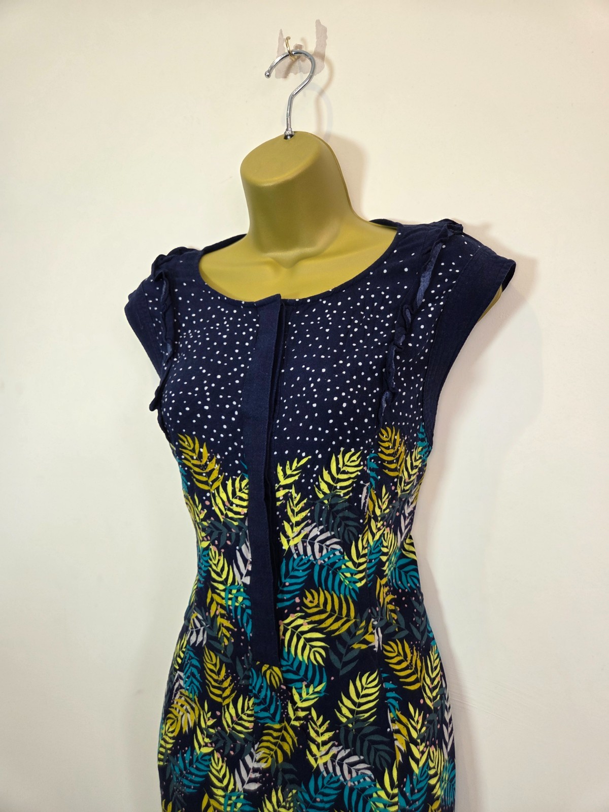 White Stuff Size 14 Navy Blue Gold Sleeveless Belt Leaf Print Autumn Tunic Dress
