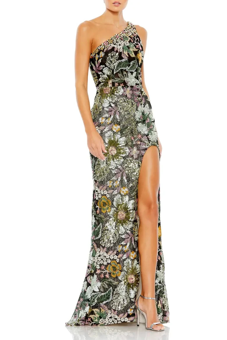 Mac Duggal Black Multi Embellished Floral One Shoulder Gown Size 8 $698