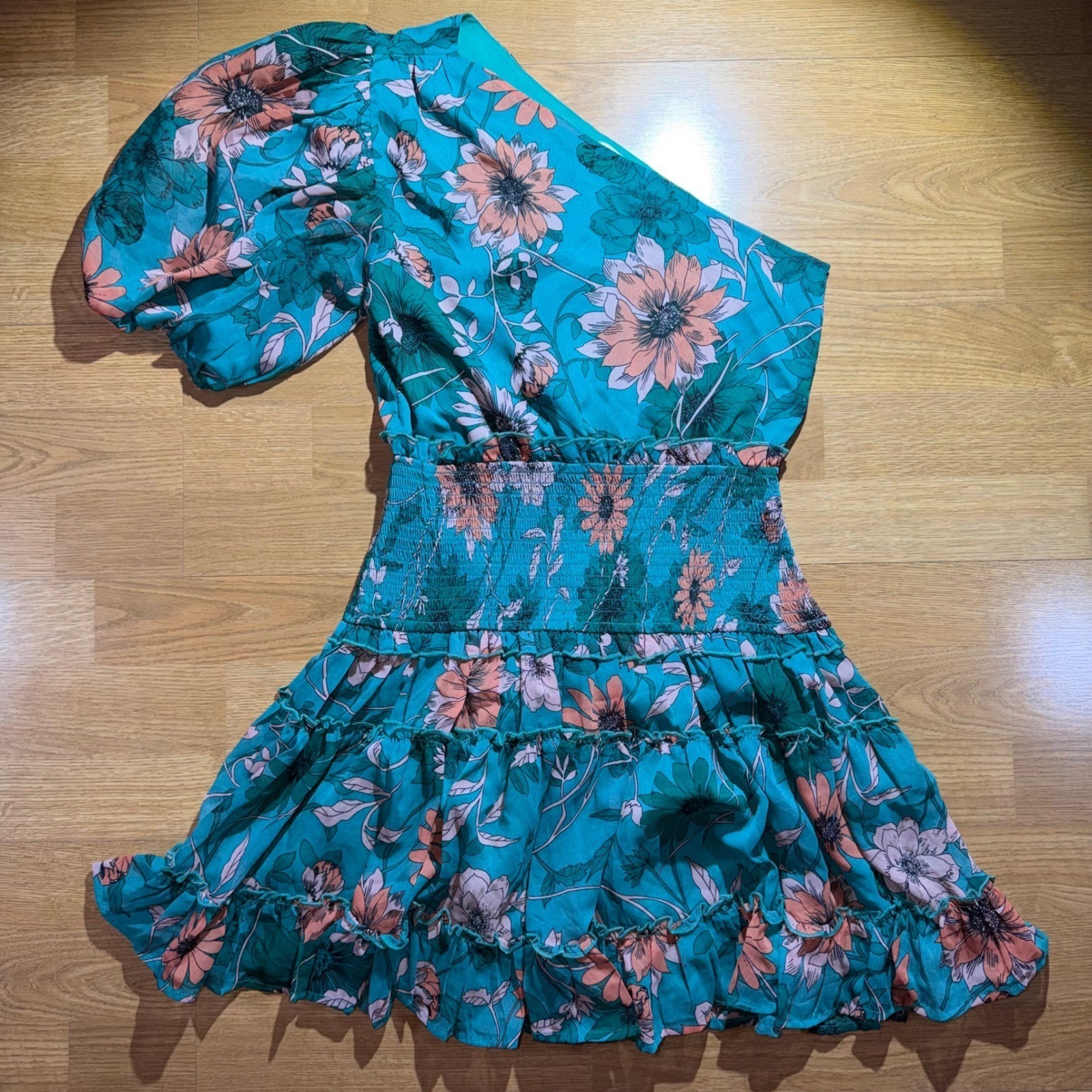b.original Women’s One Shoulder Floral Mini Dress Teal Small Lagenlook