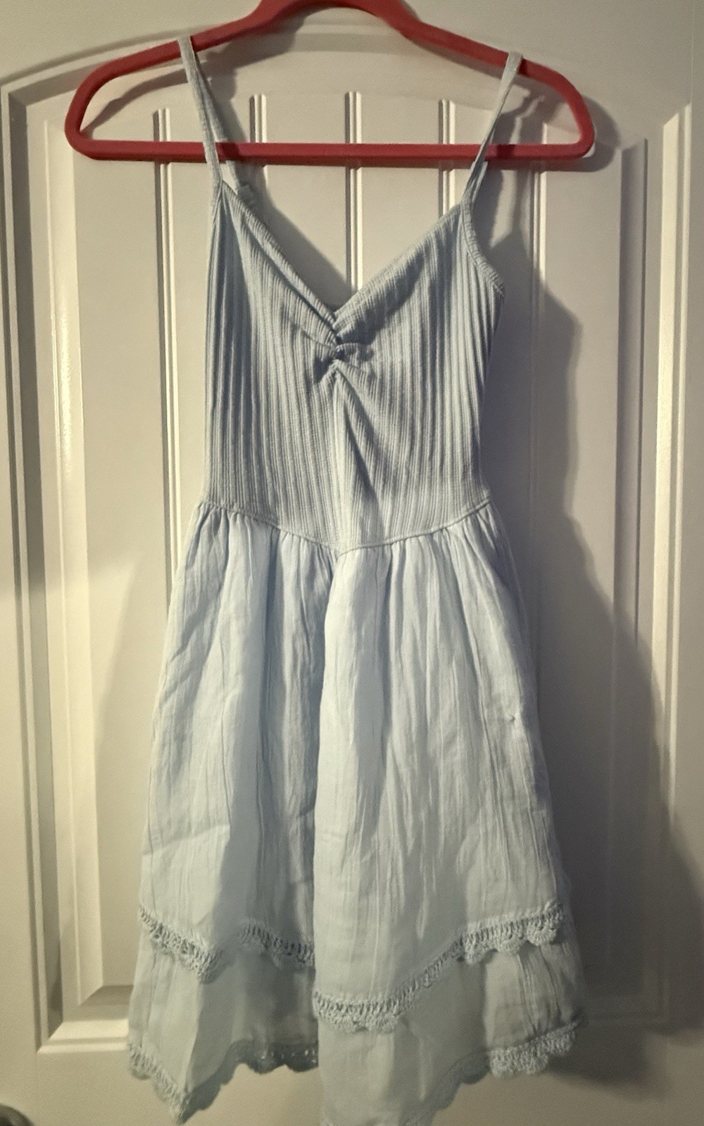 Aerie Light Blue Ribbed Tiered Mini Dress Crochet Trim Small