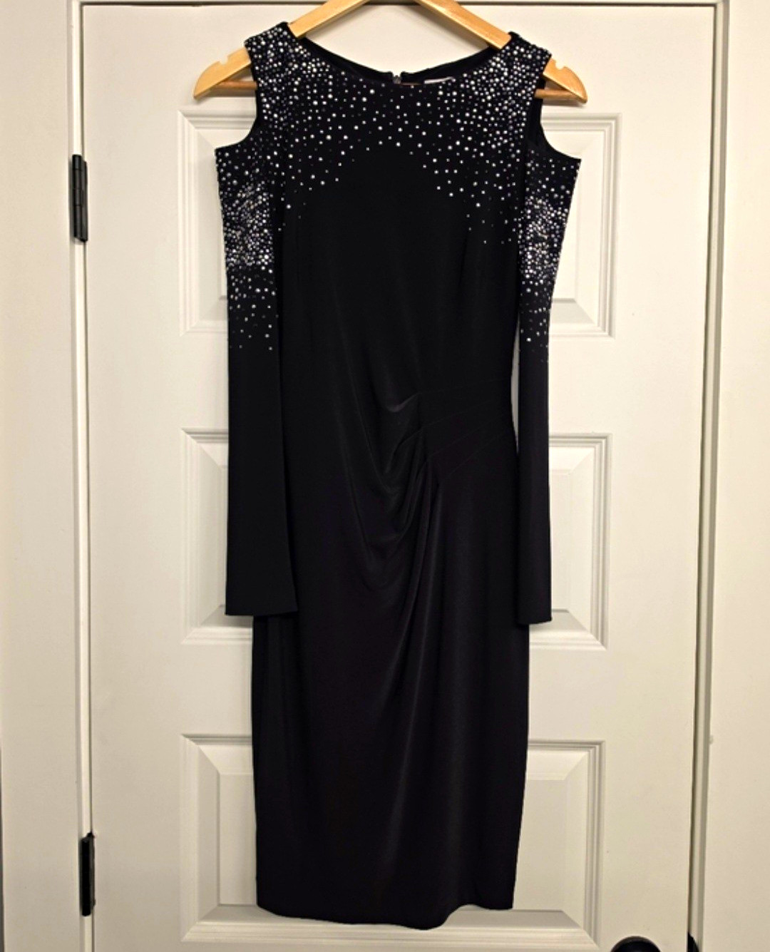 CACHÉ Vintage 2013 Black Cold Shoulder Long Sleeve Sparkle Rhinestone Midi Dress