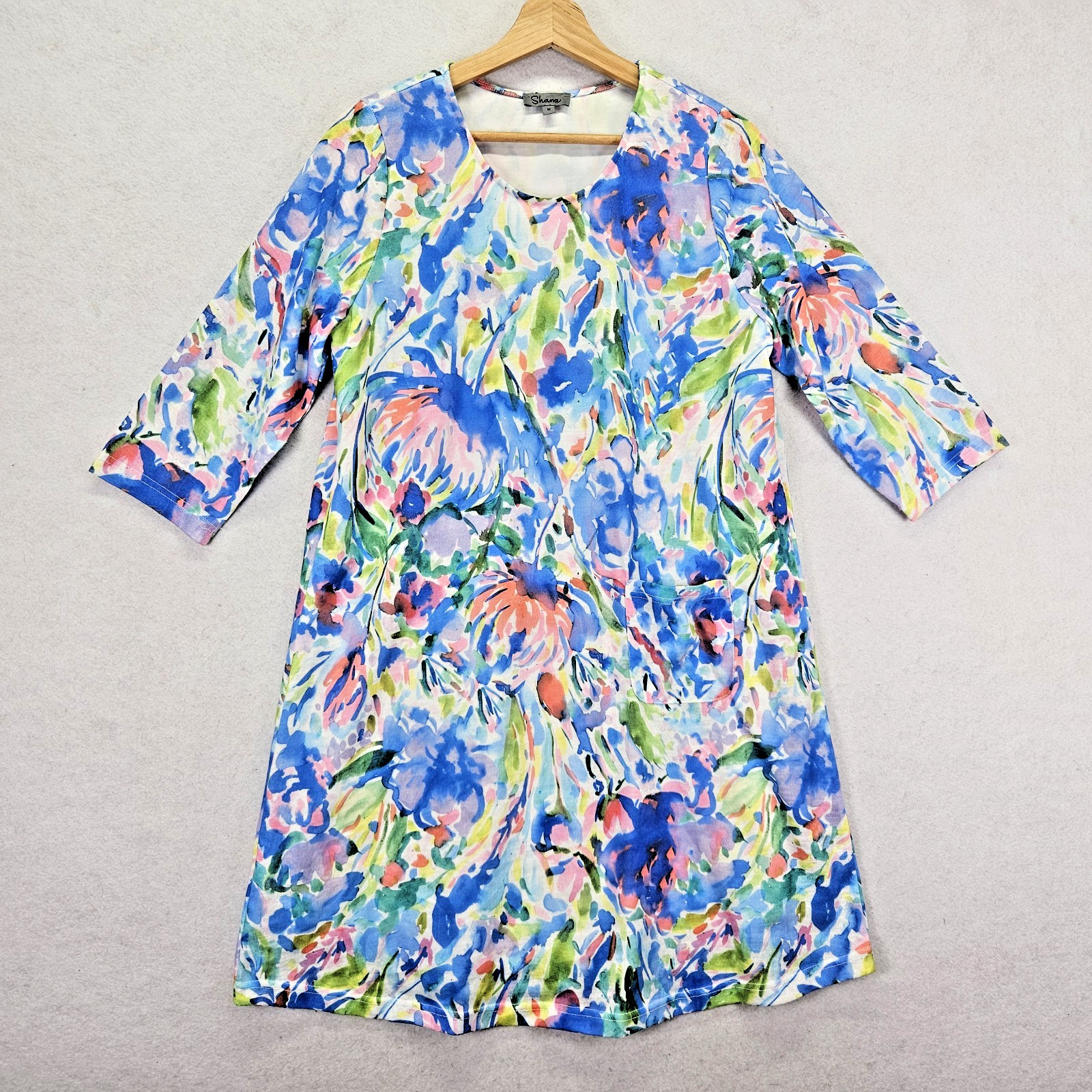 Shana Shift Dress Womens Medium Multicolor Floral Art To Wear 3/4 Sleeve Pockets