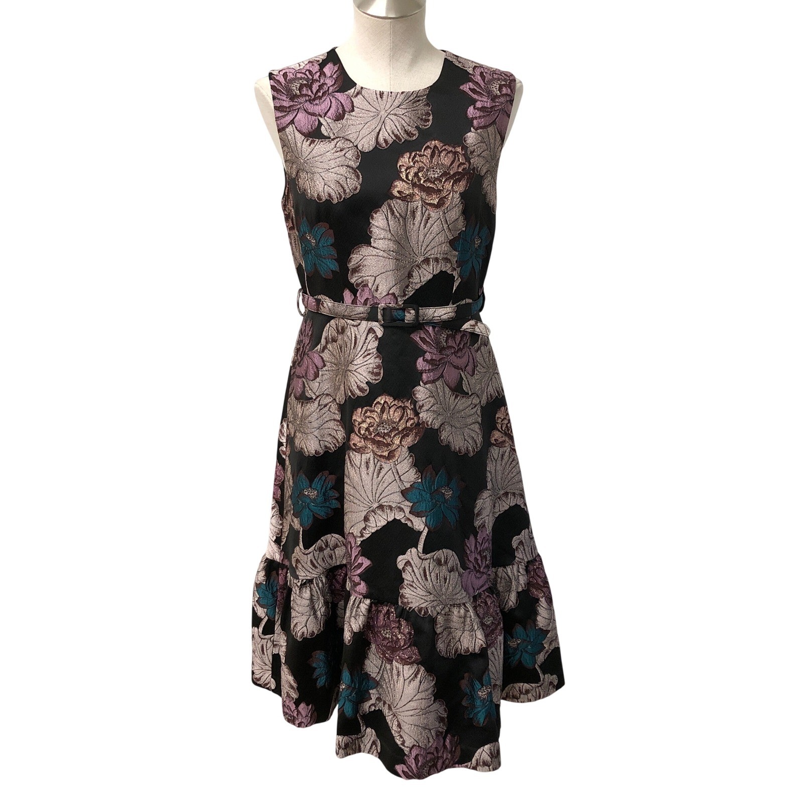Co Floral Jacquard Midi Dress Womens Medium Black Purple Teal Belted Luxury