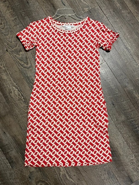 Diane Von Furstenberg Coral White Chain Link Jersey Silk Dress Size 2