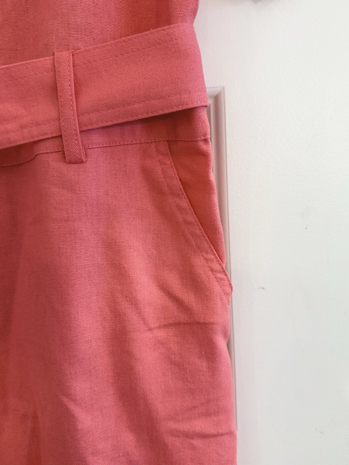 Linen Blend Button Front Shirt Dress Coral Belted Size M NEW