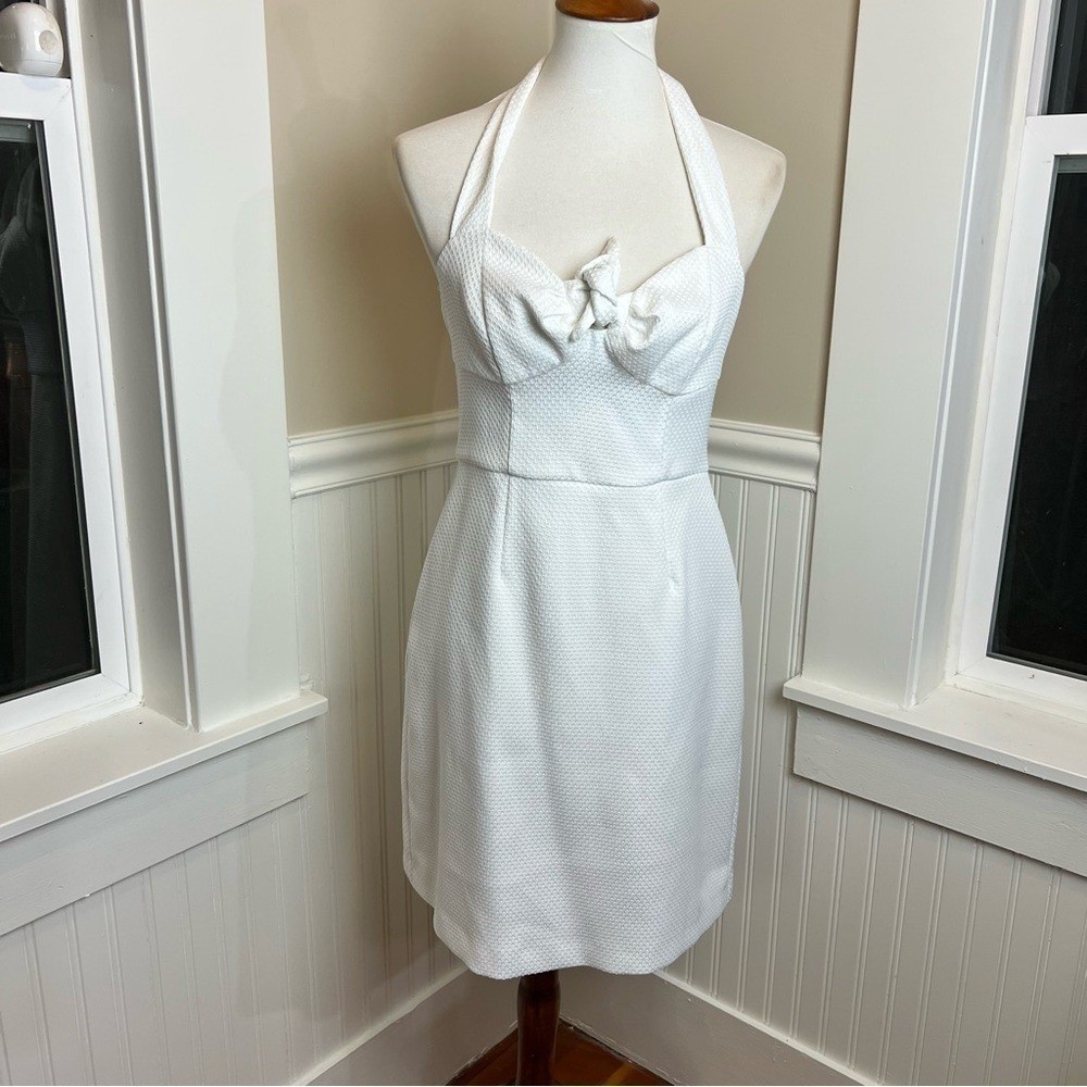 Trina Turk White Halter Mini Dress Textured Piqué Knot Front Size 4
