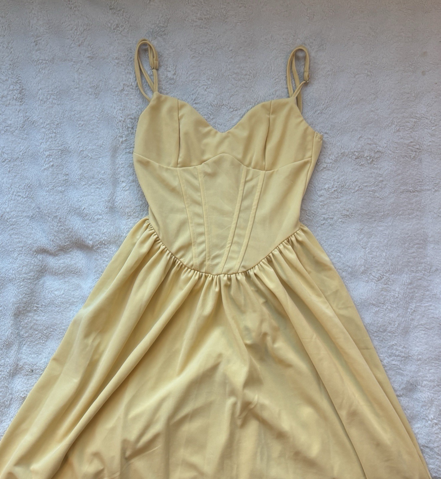 Yellow Midi A-Line Dress with Corset Bodice, Strappy Sleeves, Lace Up, V-Neck