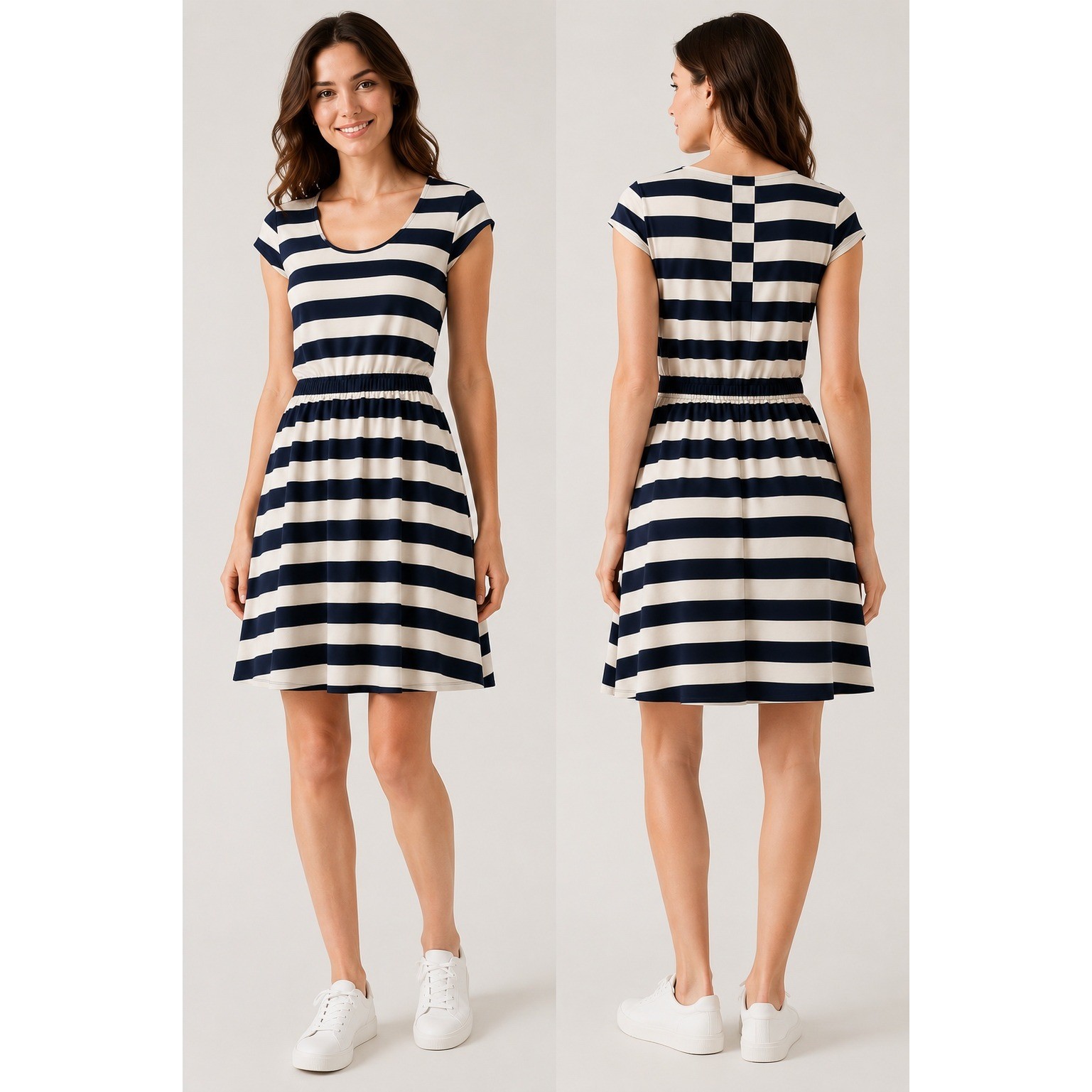 Banana Republic Navy Cream Striped Pima Cotton Fit & Flare Dress Small Preppy