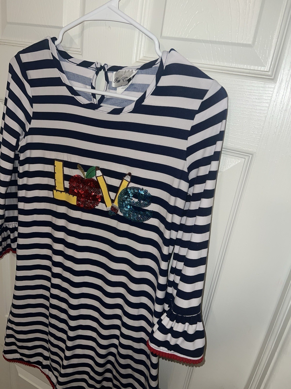 Rare Editions Navy White Striped Shift Dress Back to School “LOVE” Ruffle Trim